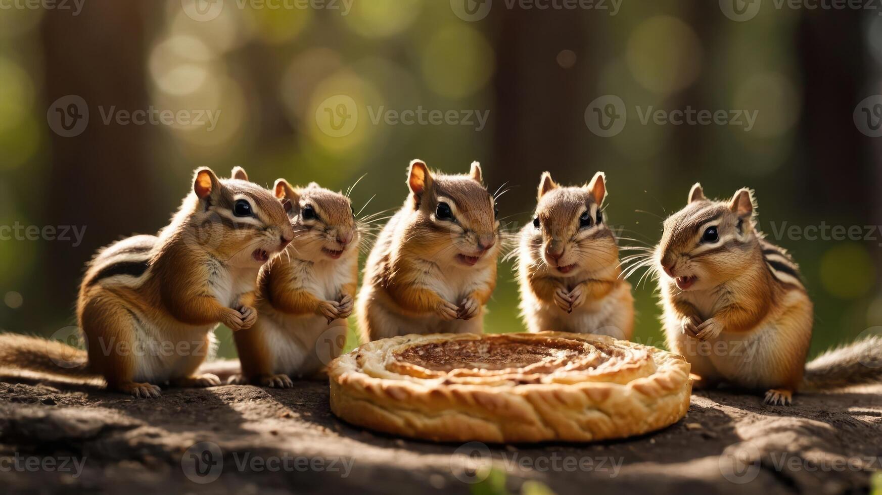 Five chipmunks gather around a pie in a whimsical forest setting. photo