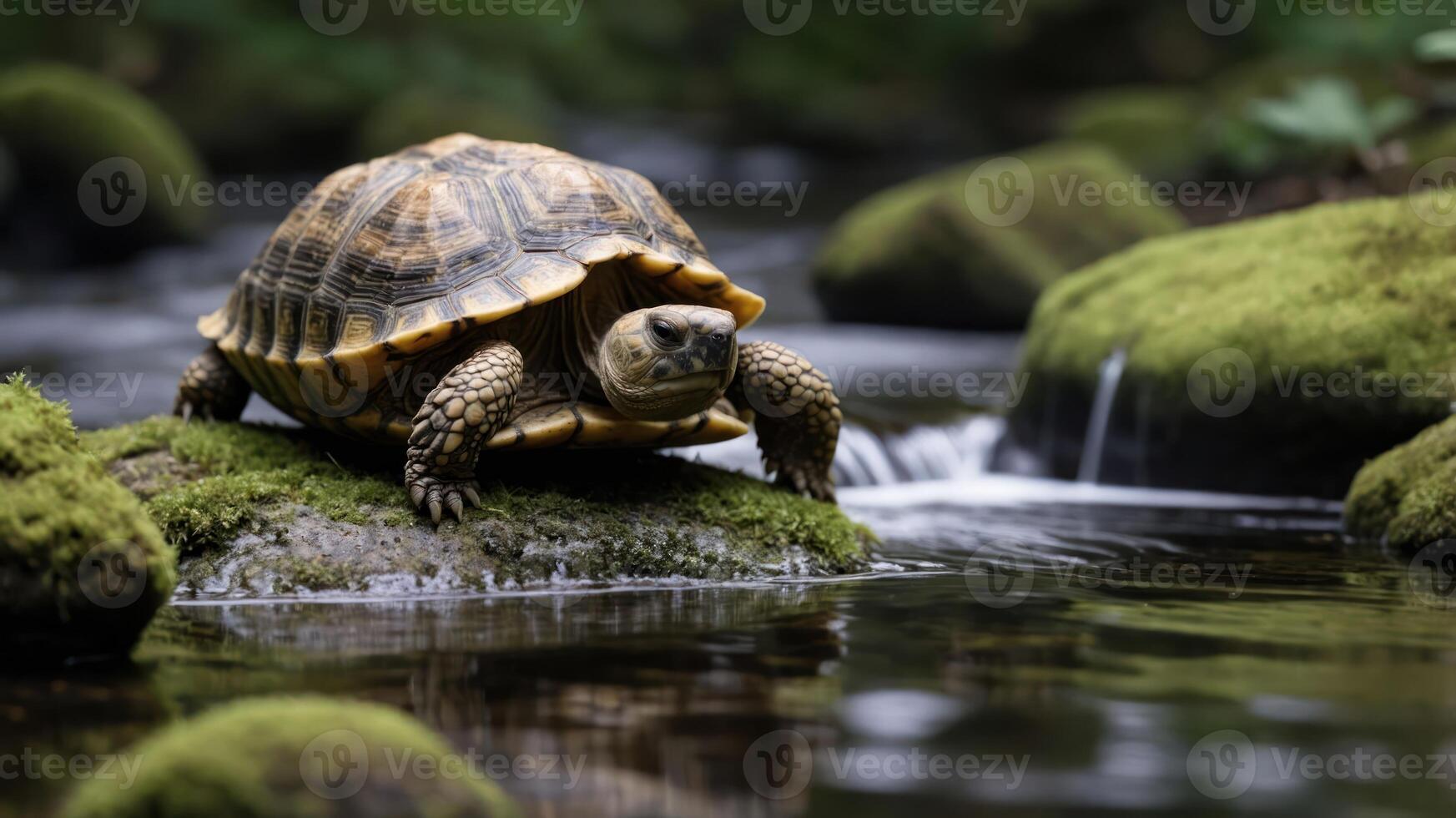 A turtle resting on a moss-covered rock by a serene stream in a lush environment. photo