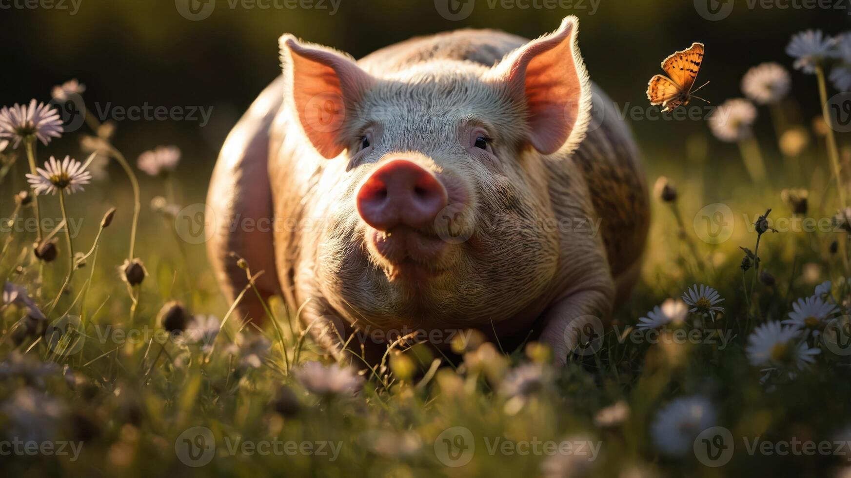 A joyful pig resting in a sunlit meadow with a butterfly nearby. photo