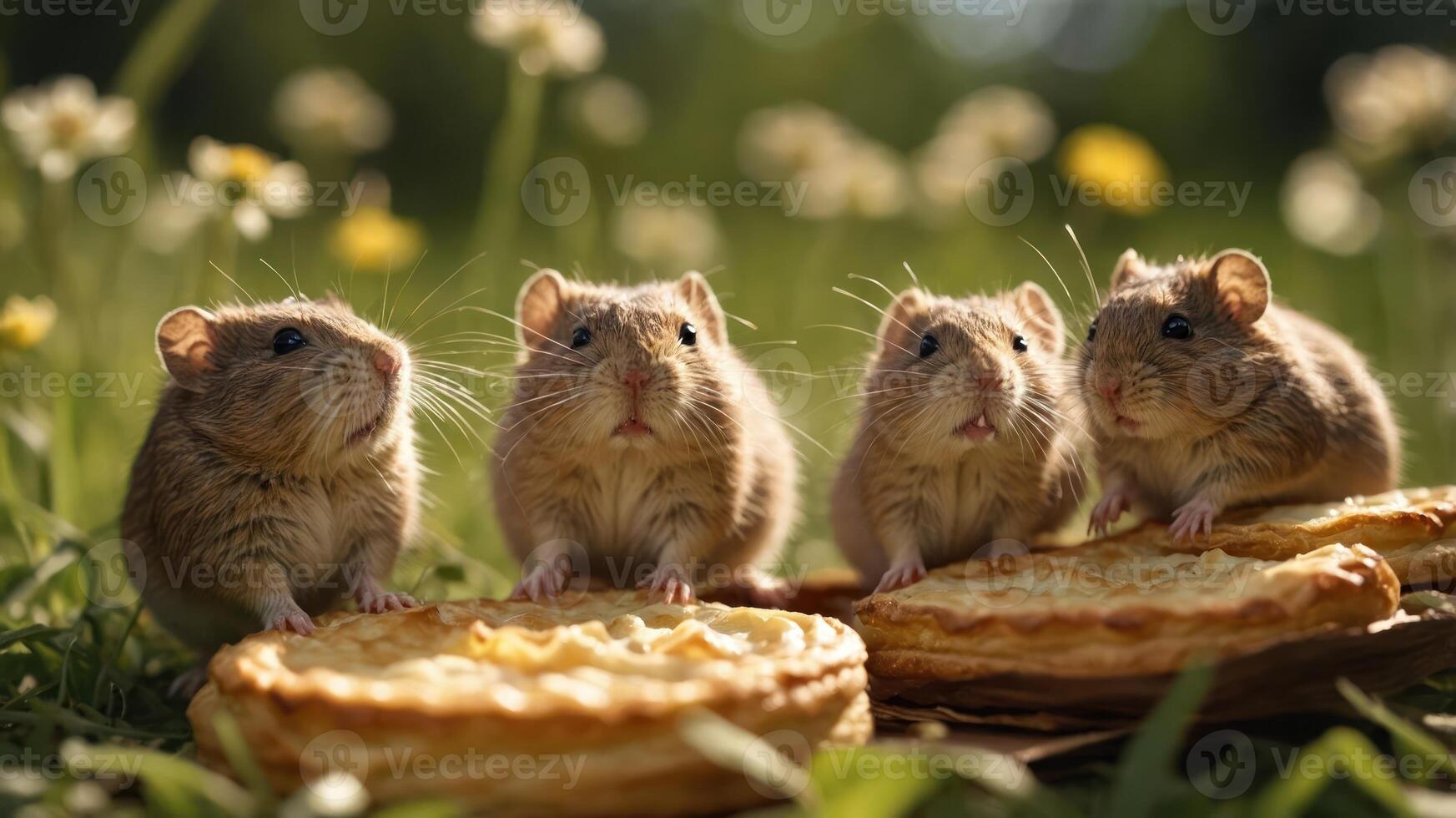 Four small rodents curiously gather around two pie-like pastries on a grassy field. photo