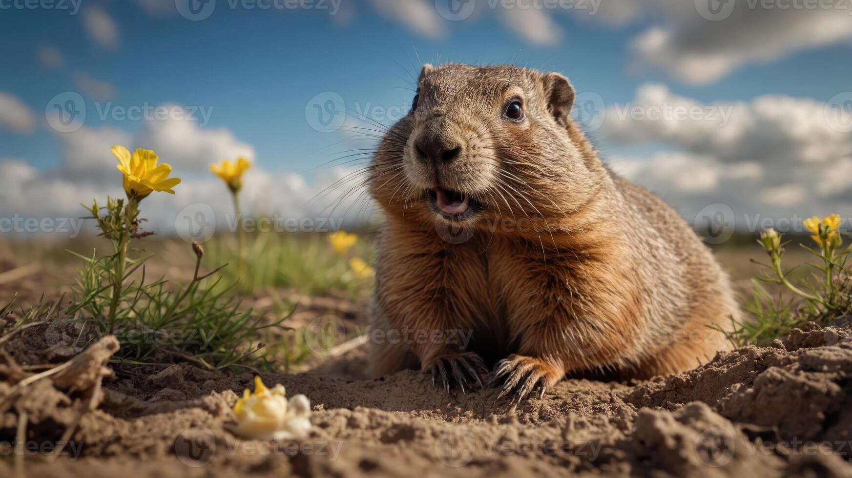 A close-up of a surprised-looking groundhog amidst flowers and grass under a blue sky. photo