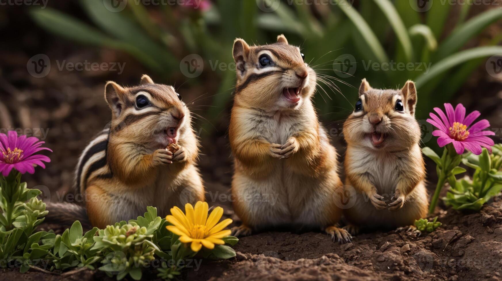 Three chipmunks sitting among flowers, appearing playful and curious. photo