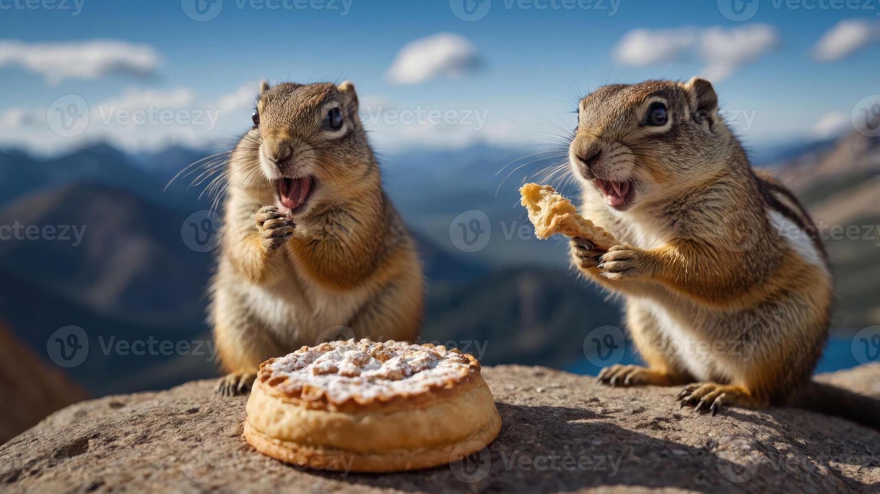 Two squirrels enjoying a pastry on a rocky surface with a scenic mountain backdrop. photo