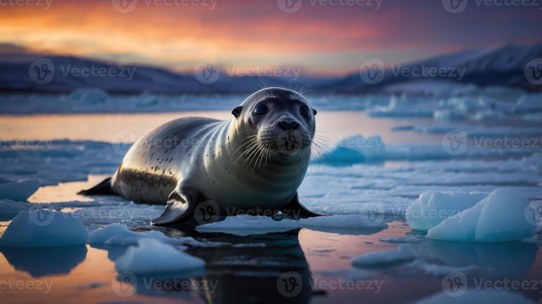 A seal resting on ice with a colorful sunset in the background. photo