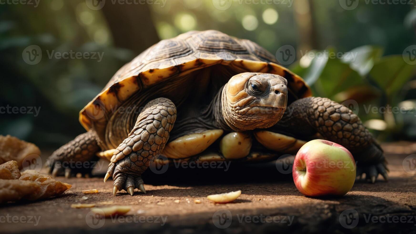 A turtle rests on the forest floor beside an apple and food scraps, surrounded by greenery. photo