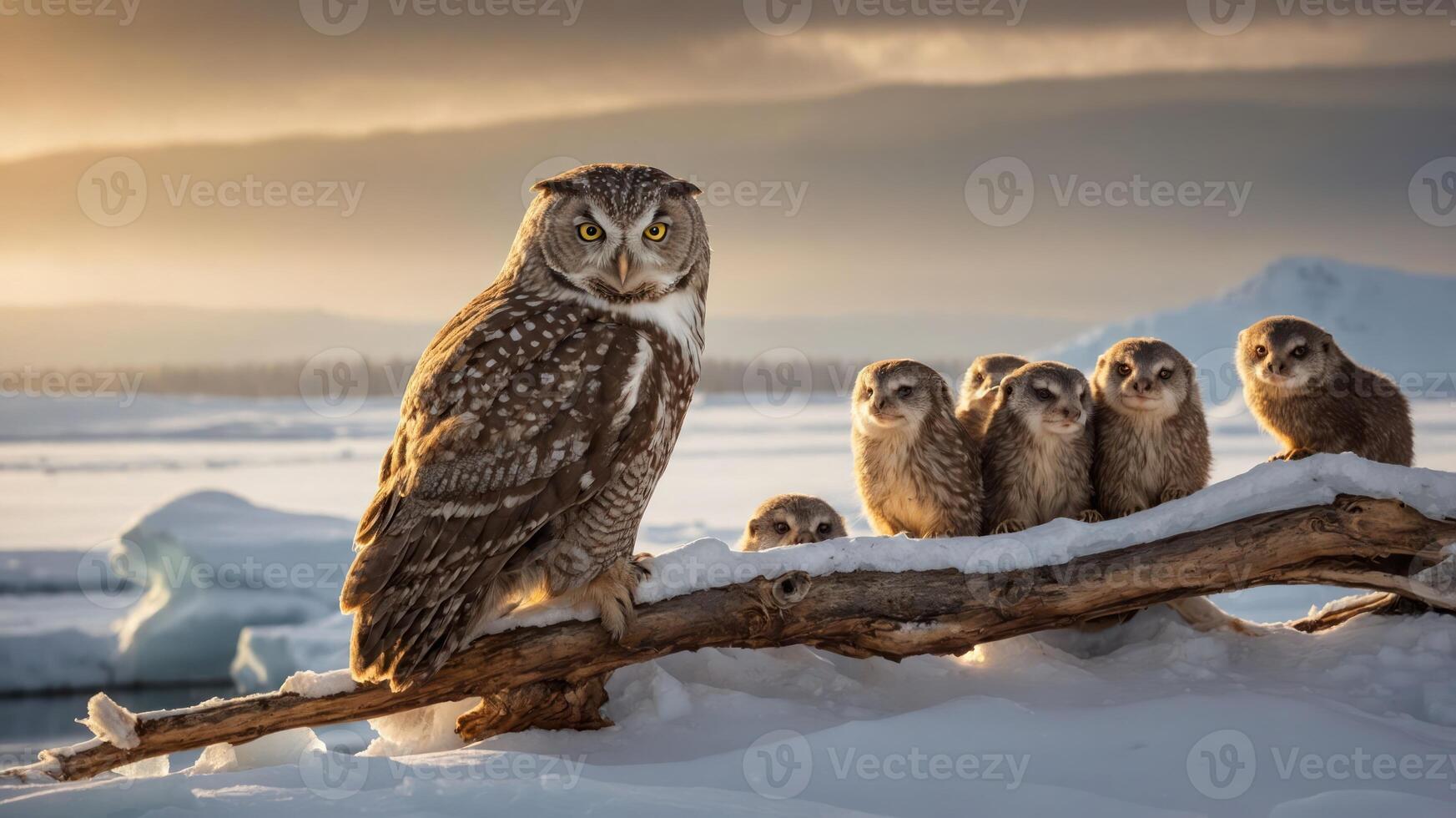A majestic owl stands on a branch, surrounded by six smaller owls in a snowy landscape. photo