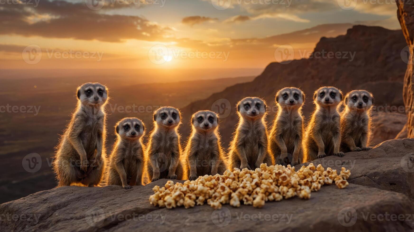 A group of meerkats gathered at sunset, curiously looking at popcorn on a rock. photo