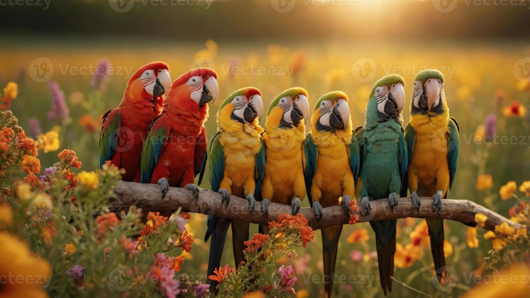 A vibrant group of colorful parrots perched on a branch amidst a field of flowers. photo