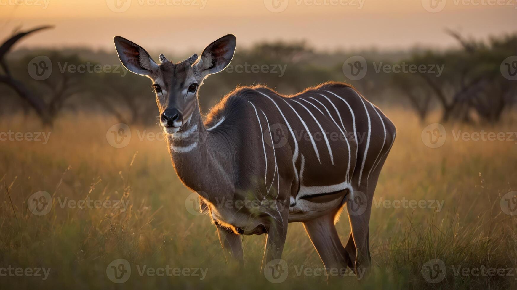 A graceful kudu stands in a sunlit savanna, showcasing its striking stripes and serene presence. photo
