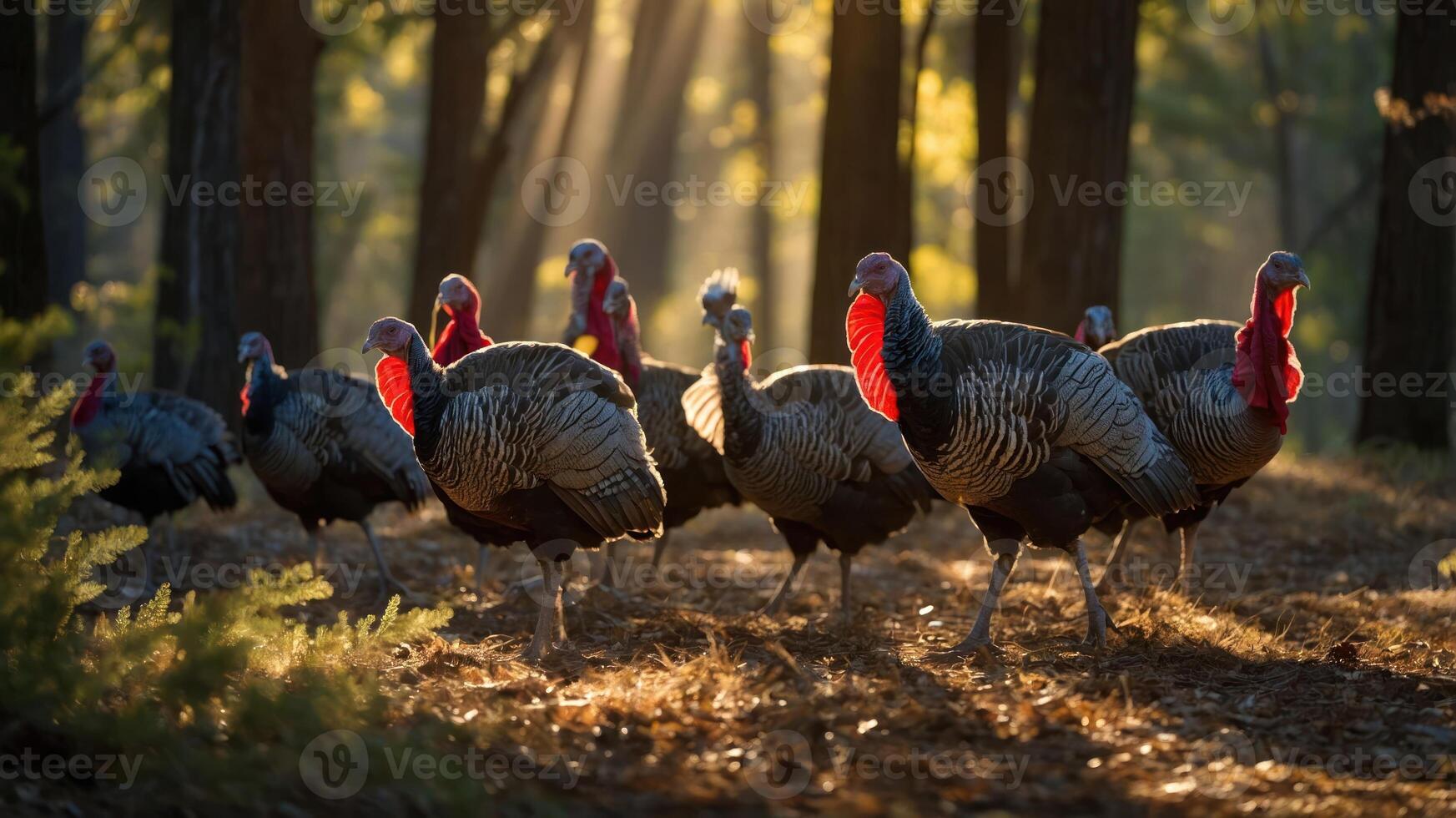 A group of wild turkeys walking through a sunlit forest, showcasing their colorful plumage. photo