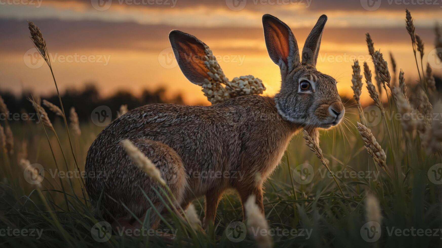 A serene rabbit in a field at sunset, showcasing nature's beauty. photo