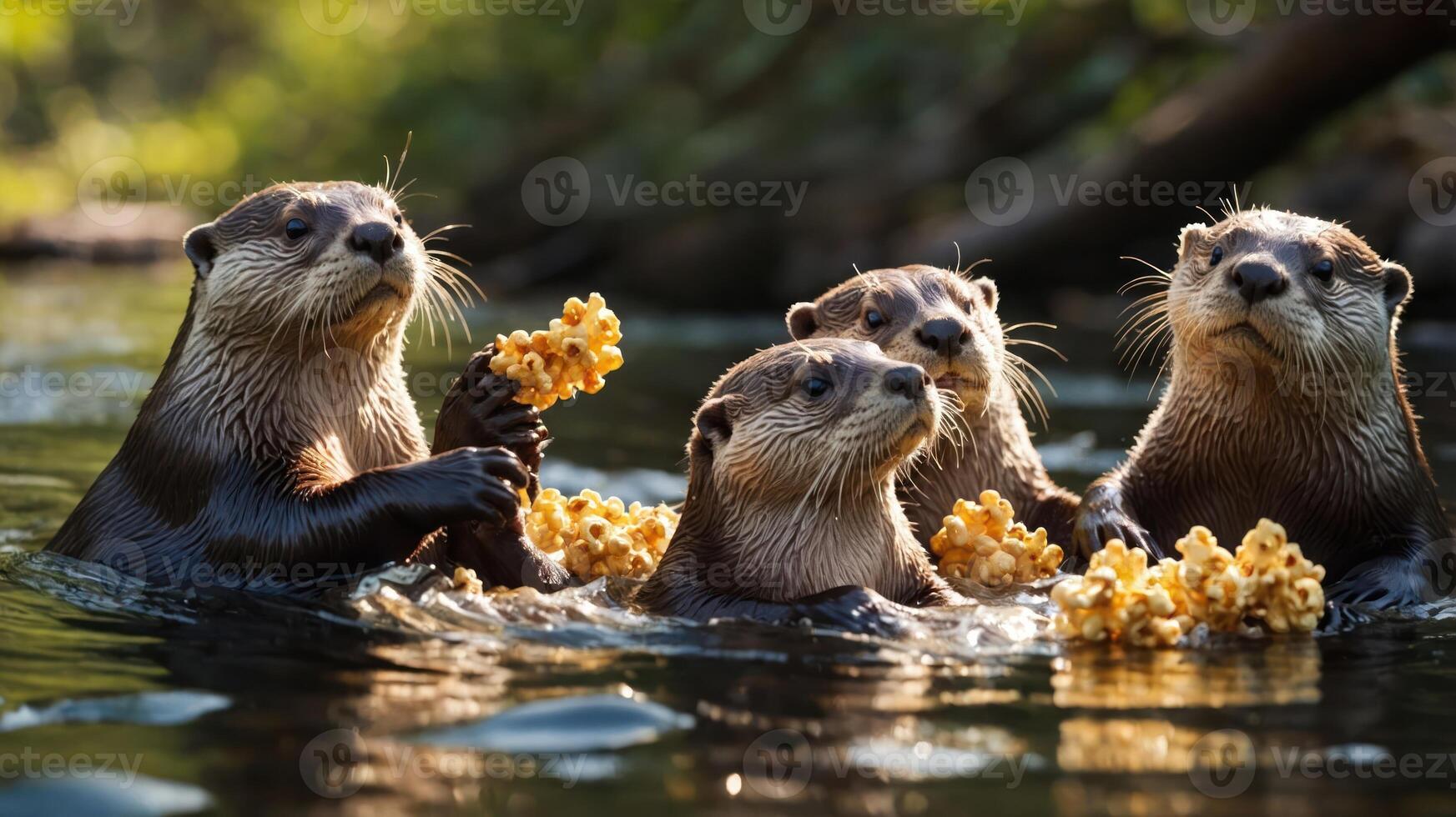 Four otters playfully holding popcorn in a serene water setting. photo