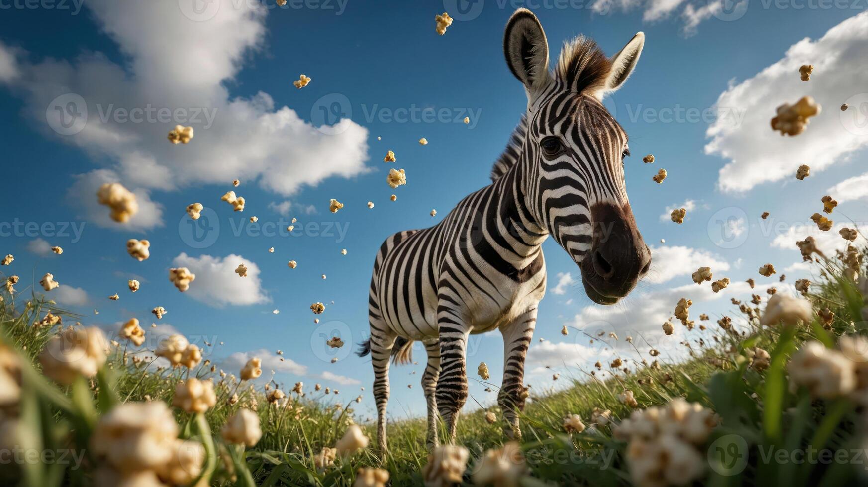 A zebra stands in a field with popcorn-like flowers under a blue sky with clouds. photo