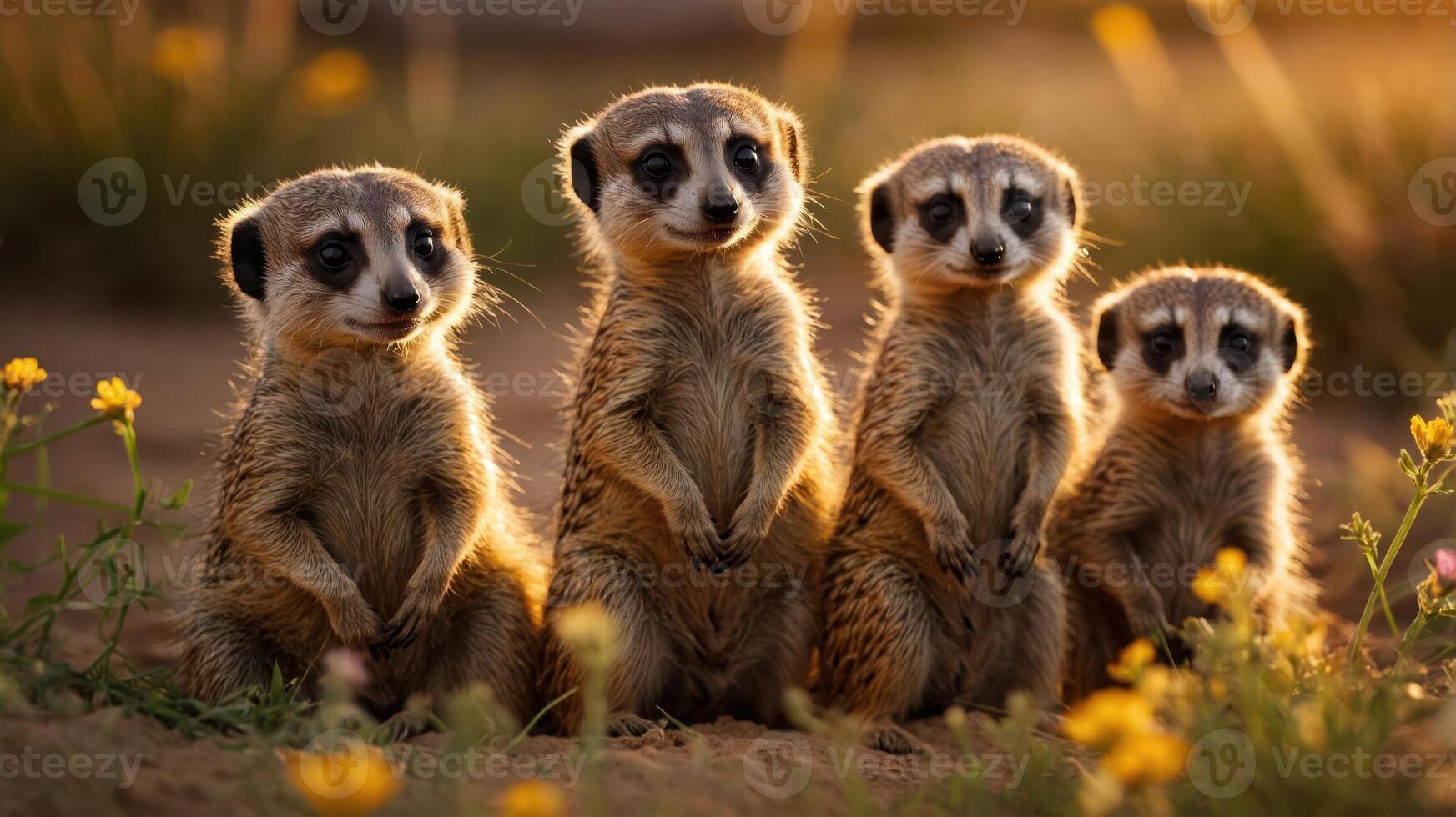 Four meerkats standing upright in a field of flowers during golden hour. photo