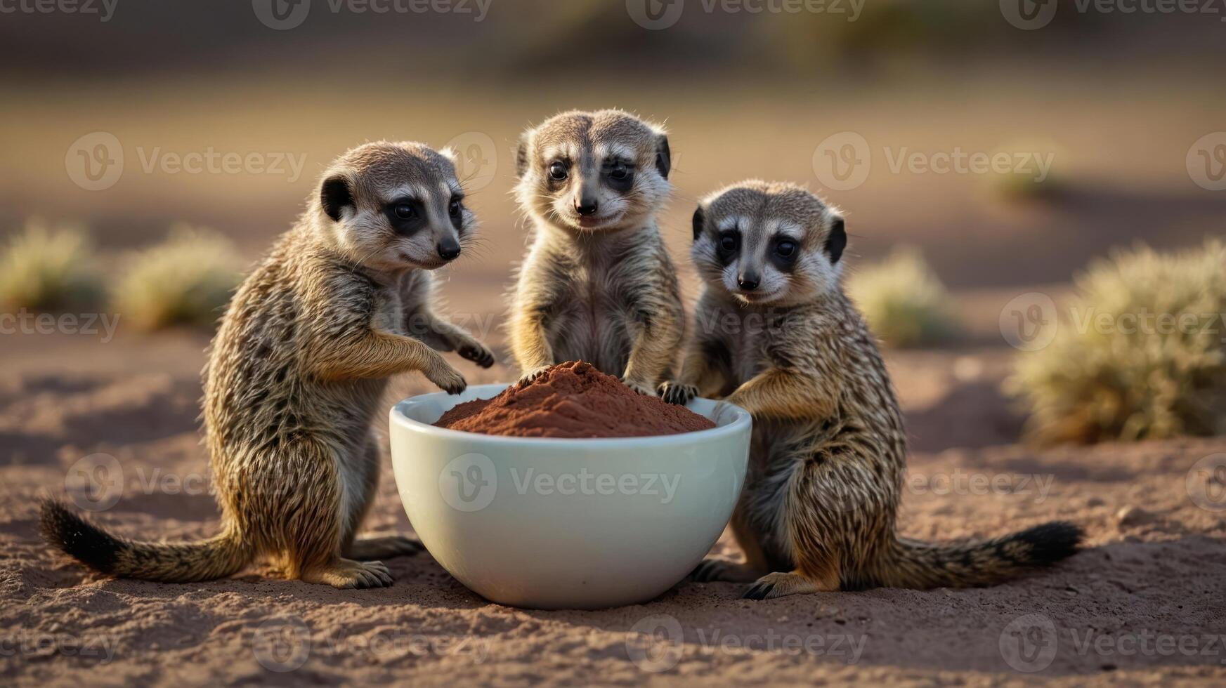 Three meerkats gathered around a bowl of reddish substance in a desert landscape. photo