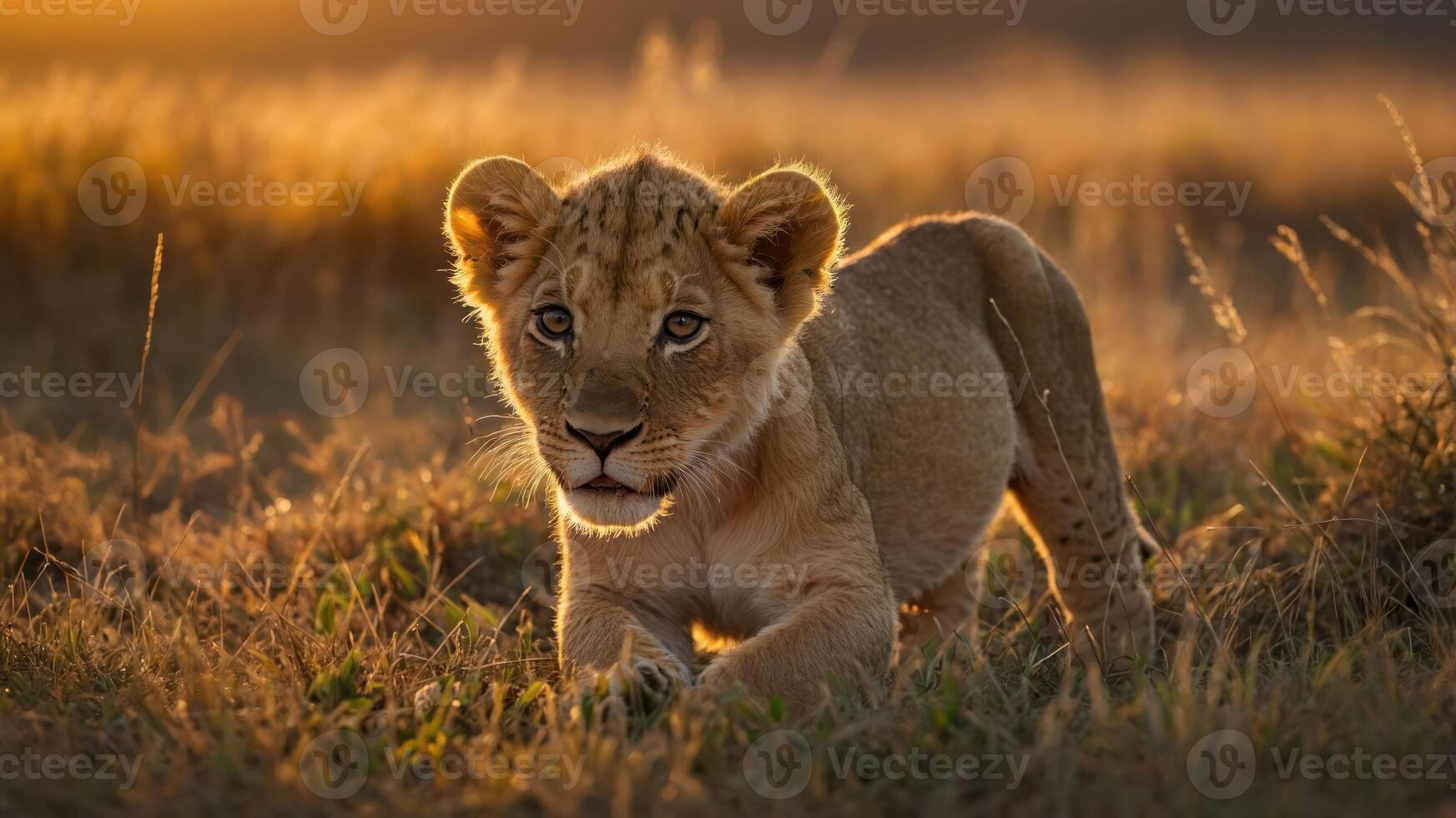 A playful lion cub prowls through golden grass at sunset, showcasing its natural beauty. photo