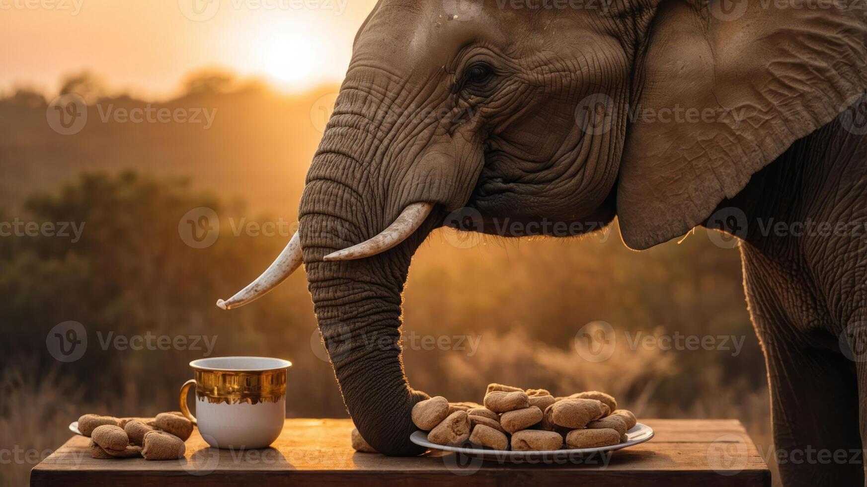 An elephant enjoying cookies and tea at sunset in a serene outdoor setting. photo