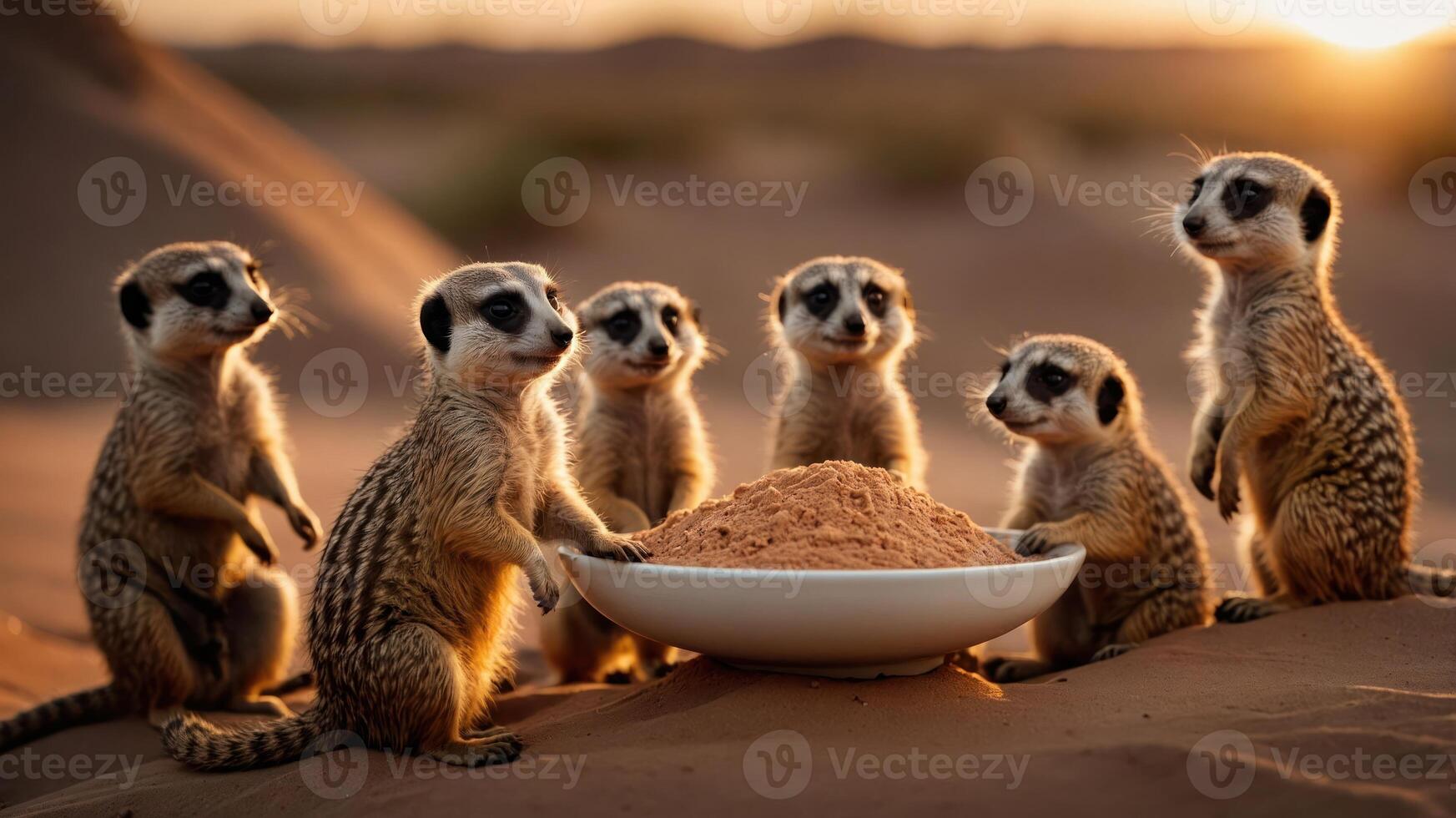 A group of meerkats gathered around a bowl of food in a desert setting during sunset. photo