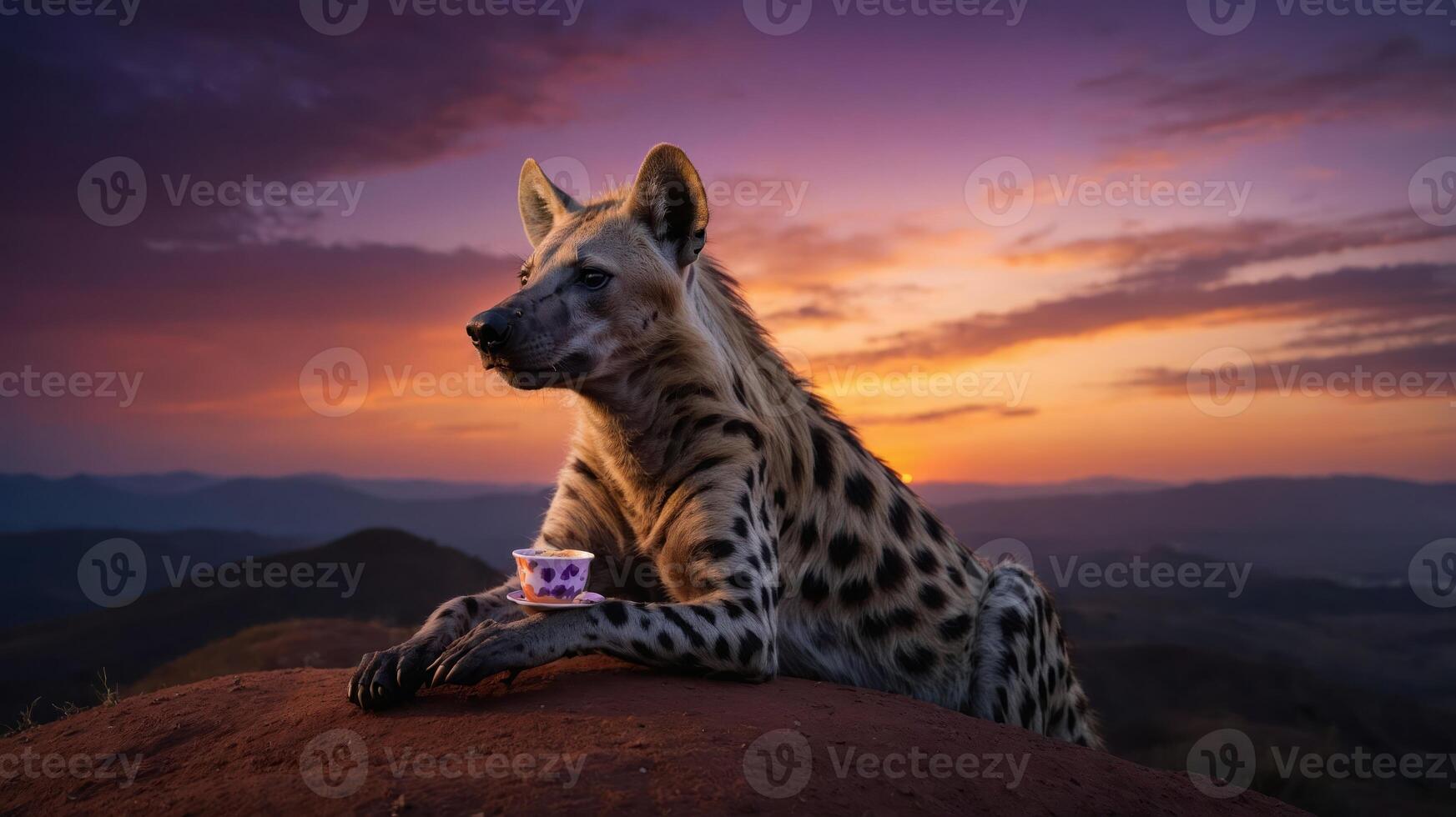 A hyena resting on a rock at sunset with a small cup nearby. photo
