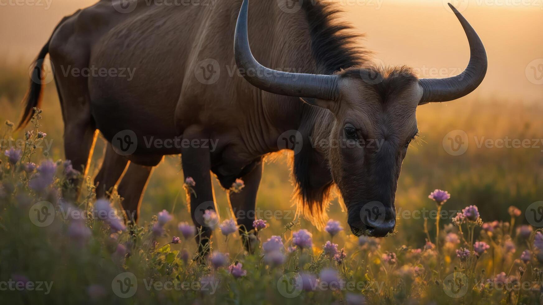 A majestic animal stands in a field of flowers during sunset, showcasing nature's beauty. photo