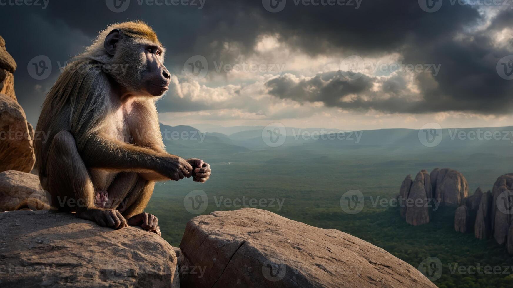 A baboon sits on a rocky ledge, overlooking a vast, dramatic landscape under cloudy skies. photo