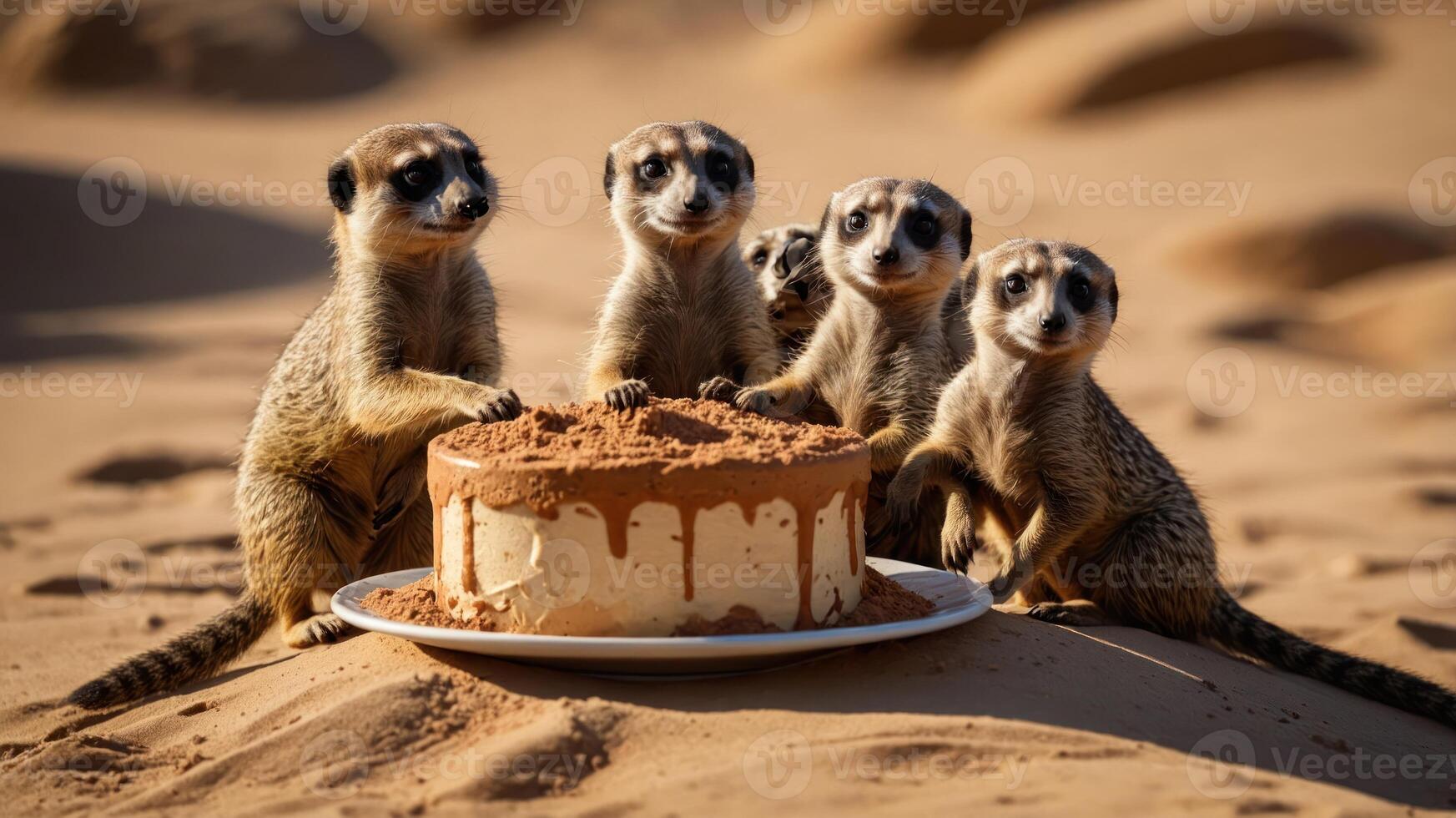 A group of meerkats curiously gathered around a cake in a sandy desert setting. photo