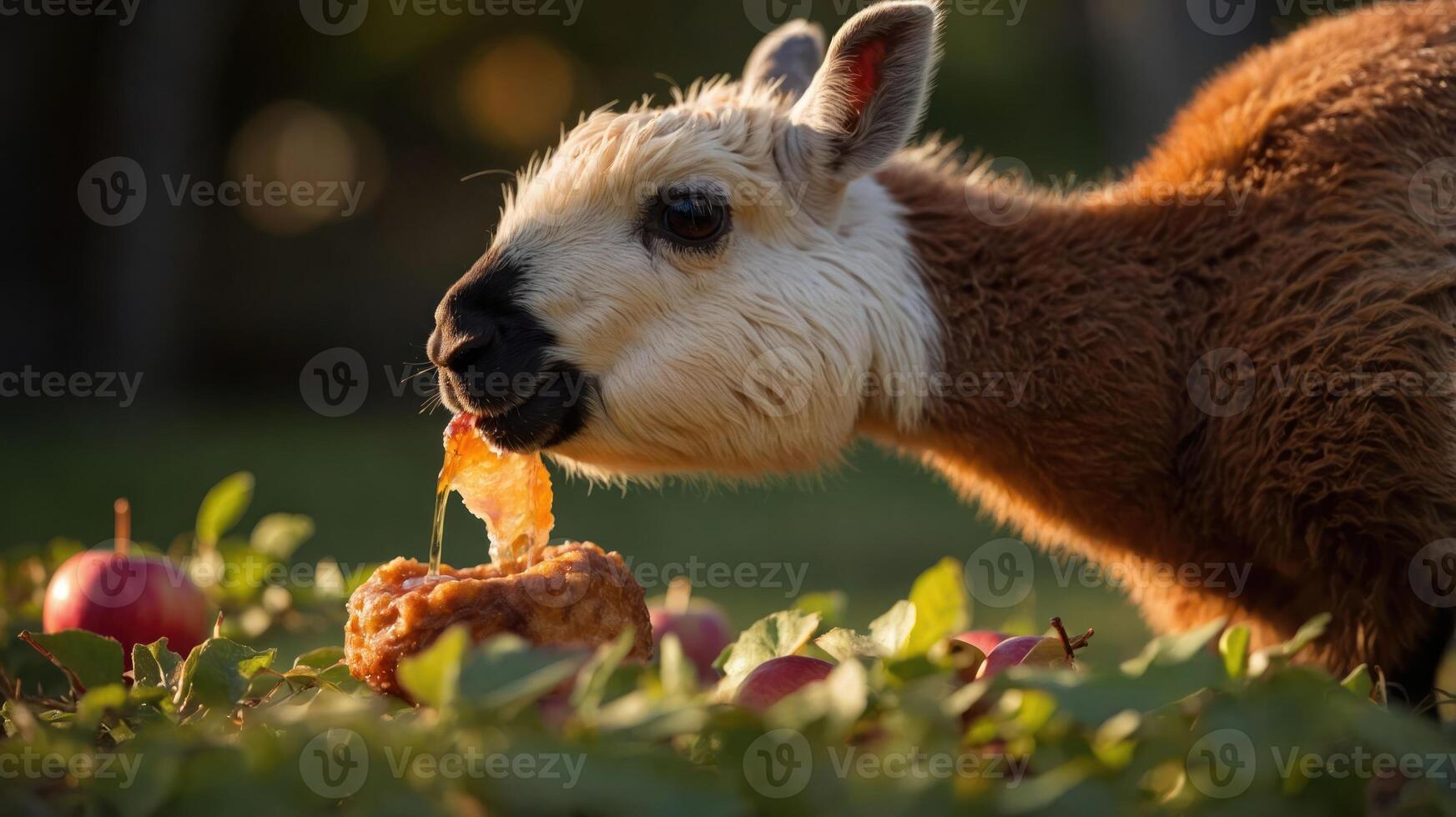 A llama enjoying a snack among apples in a natural setting. photo