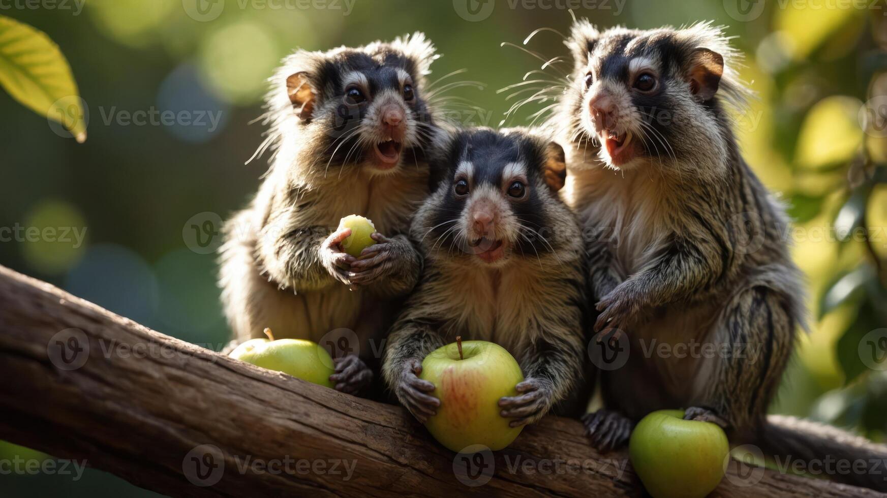 Three adorable animals sitting on a branch, holding apples in a natural setting. photo