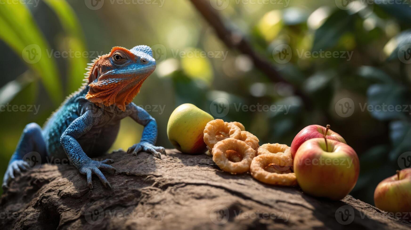 A colorful lizard rests on a log beside apples and snacks in a natural setting. photo