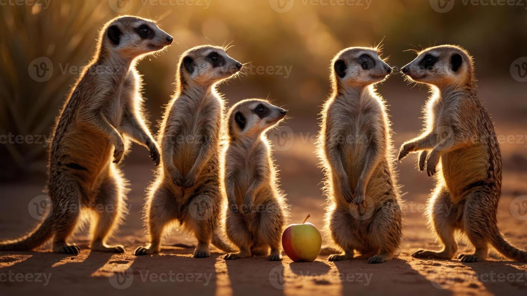 Five meerkats standing in a line, backlit by sunlight, with an apple in the foreground. photo