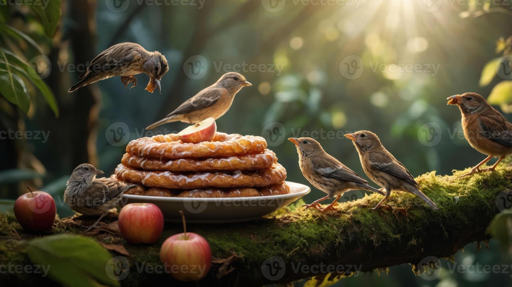 Birds gathered around a stack of pastries in a lush forest setting. photo