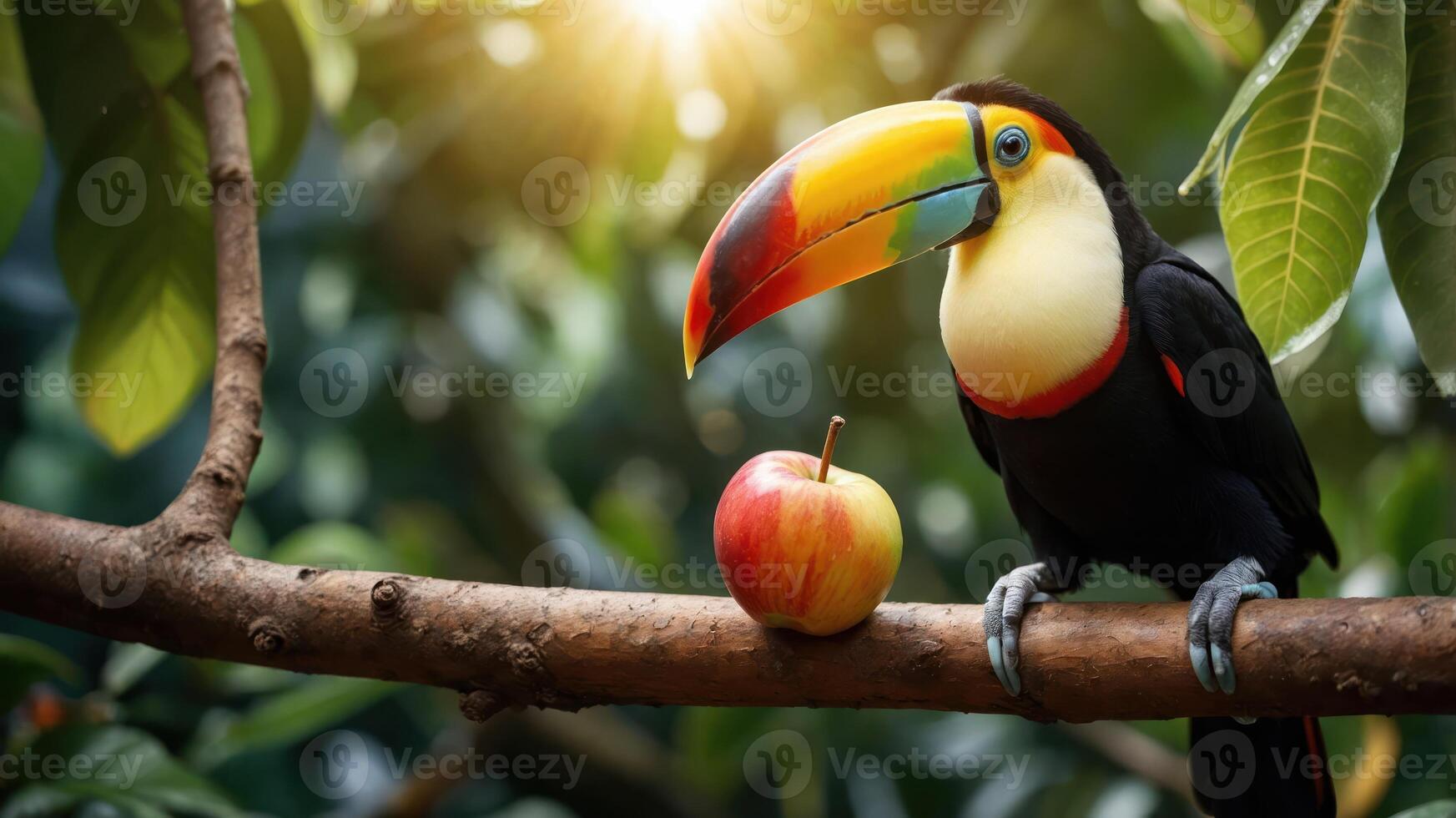 A colorful toucan perched on a branch beside a red apple in a lush, sunlit environment. photo