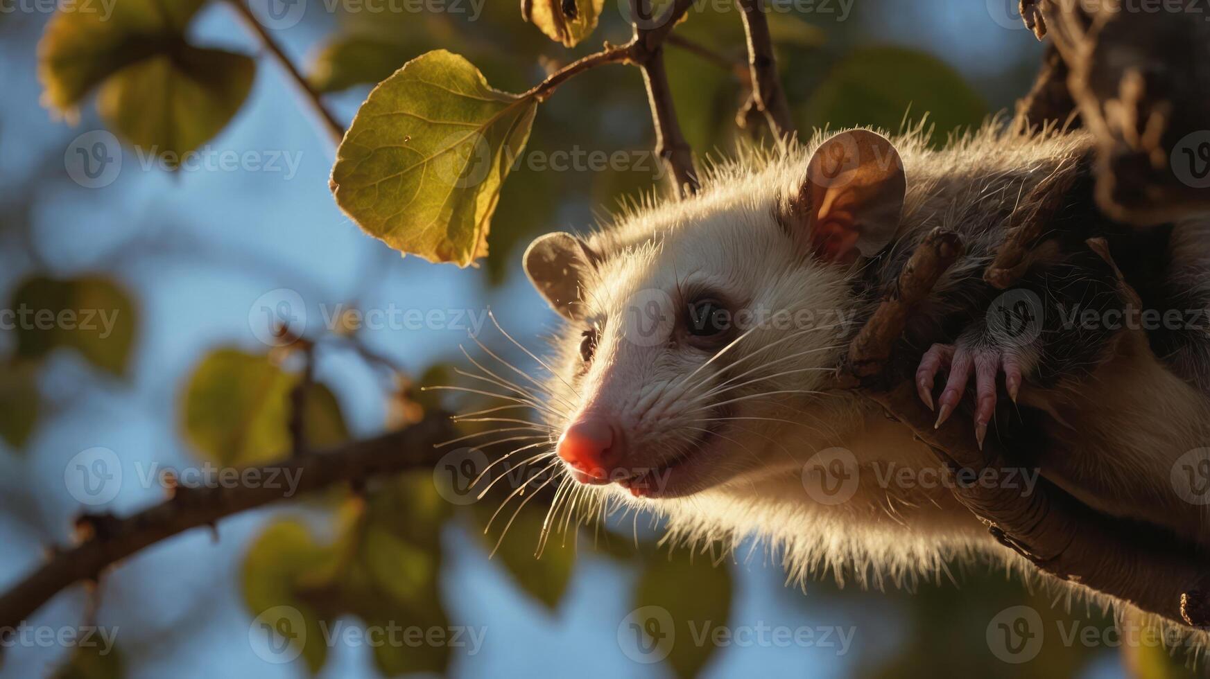 A close-up of a possum perched on a branch with leaves in the background. photo