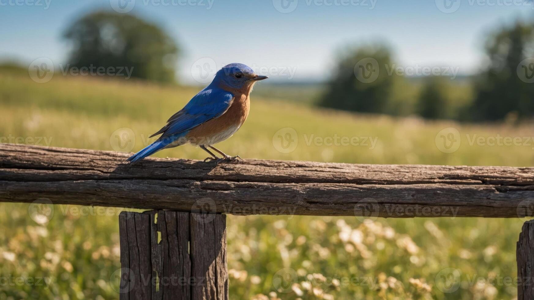 A bluebird perched on a rustic fence in a sunny, grassy landscape. photo