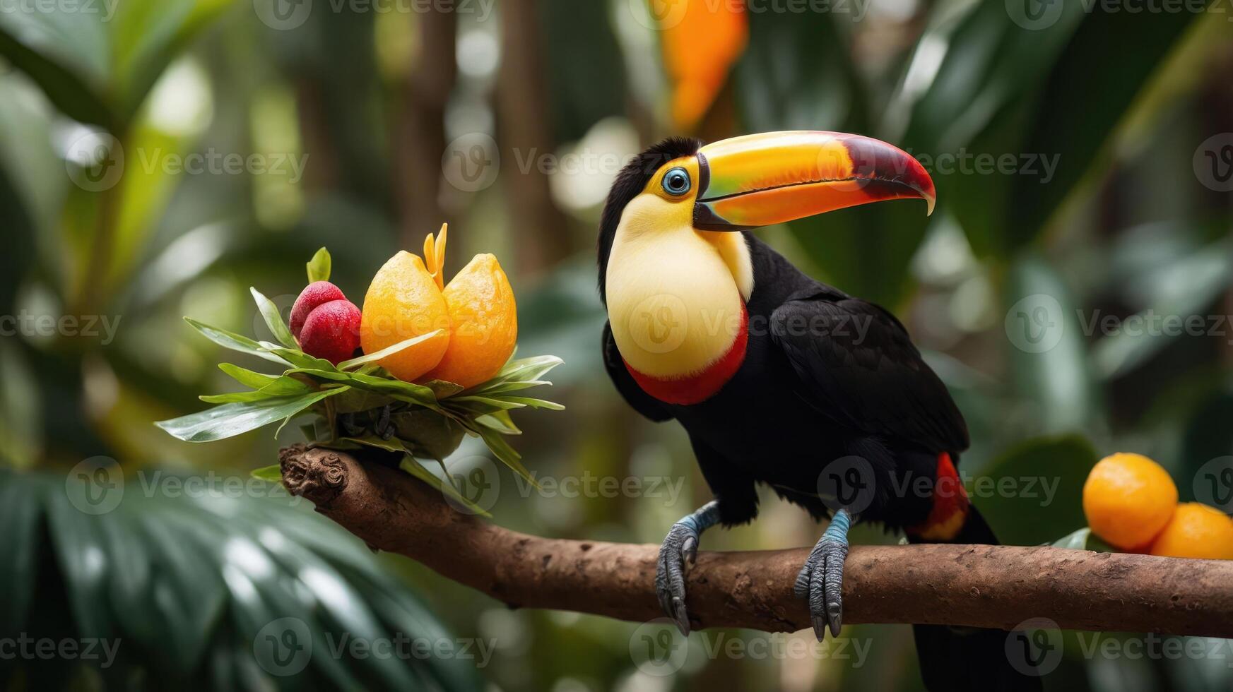 A colorful toucan perched on a branch surrounded by tropical fruits in a lush environment. photo