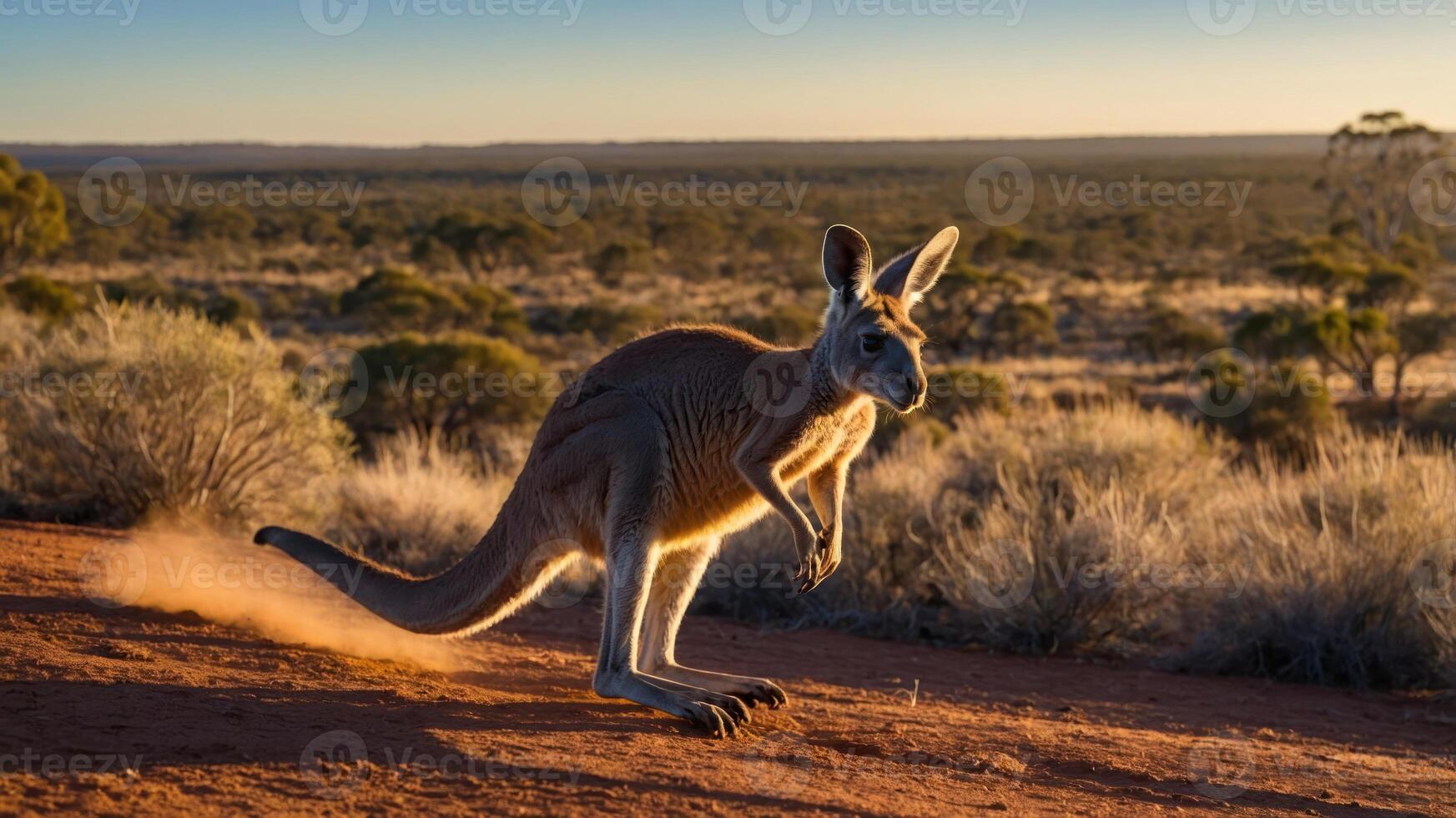 A kangaroo gracefully leaps across a sunlit Australian landscape at dusk. photo