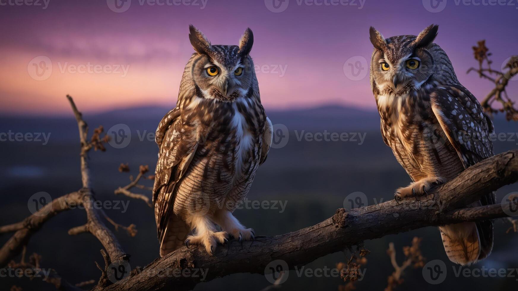 Two owls perched on a branch during twilight, showcasing their majestic features. photo
