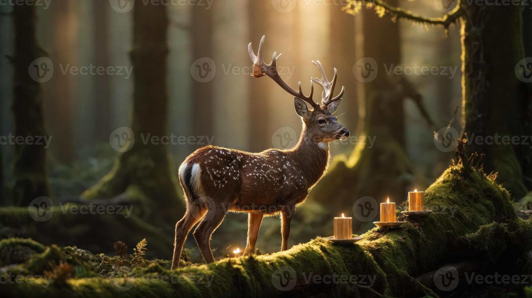 A serene deer stands in a sunlit forest, surrounded by candles on a mossy log. photo