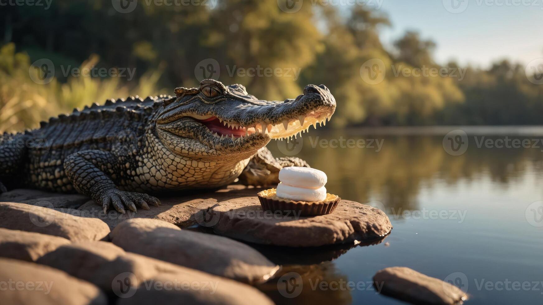 A crocodile beside a river enjoys a dessert on a rock during a serene moment. photo