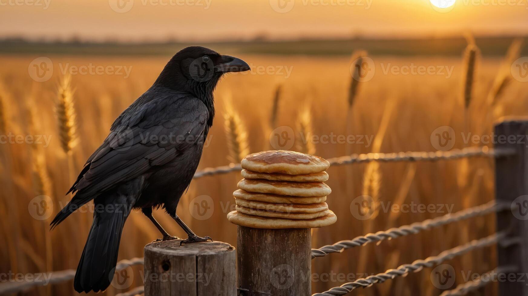 A crow perched beside a stack of pancakes at sunset in a golden wheat field. photo