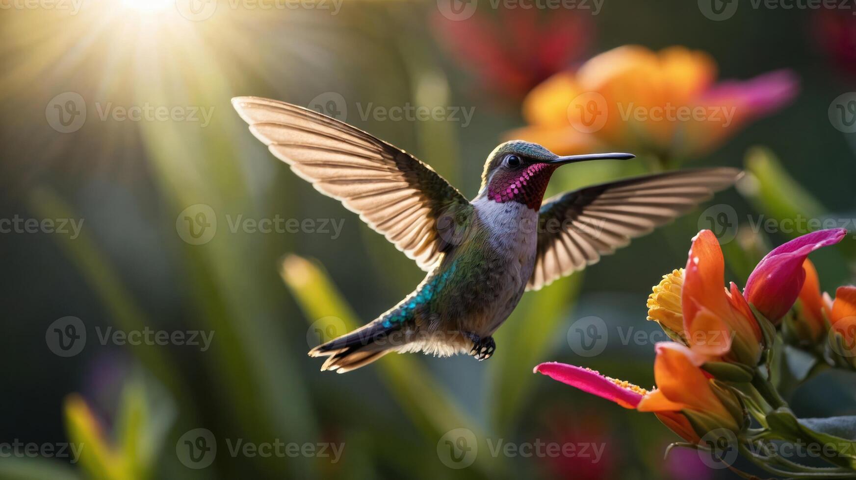 A vibrant hummingbird hovering near colorful flowers in a sunlit garden. photo