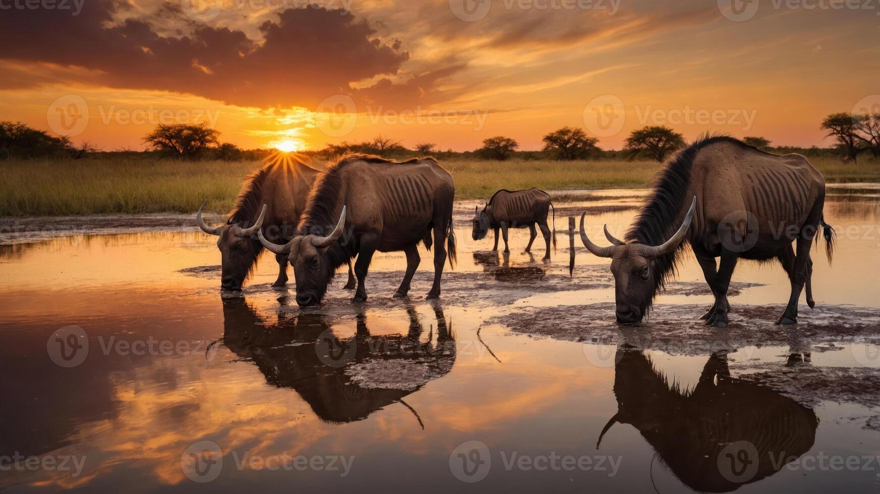 A serene sunset scene featuring wildebeests grazing by a waterbody. photo