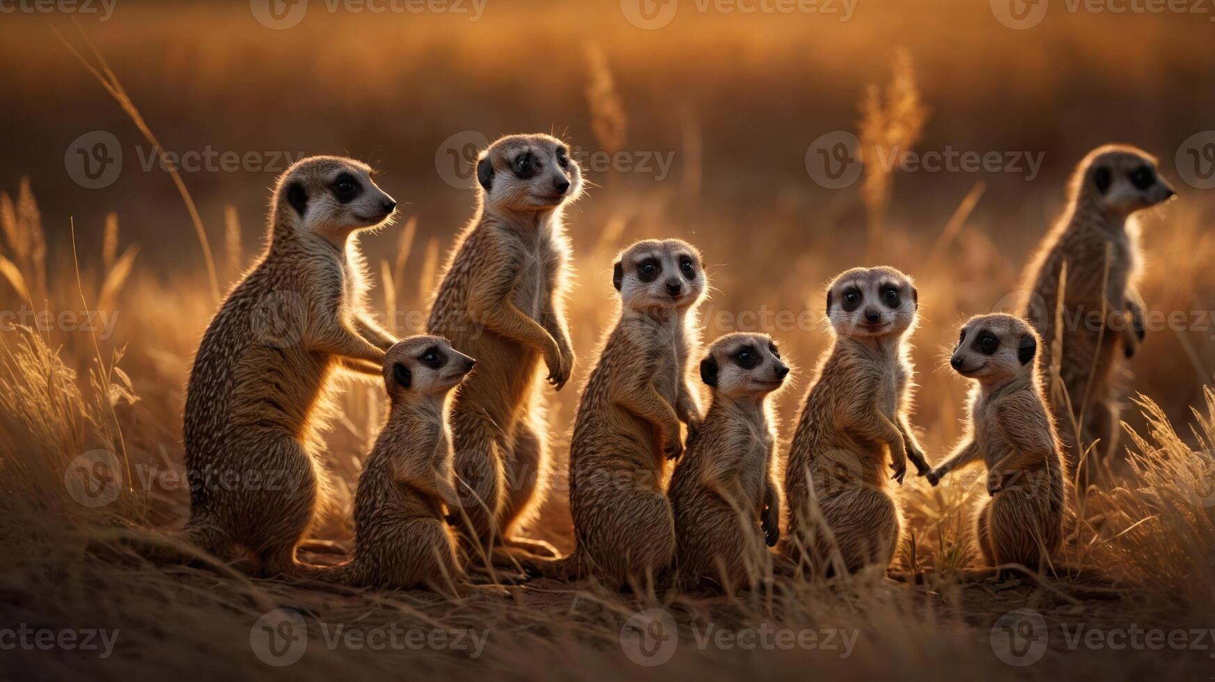 A group of meerkats standing together in a golden grassland at sunset. photo