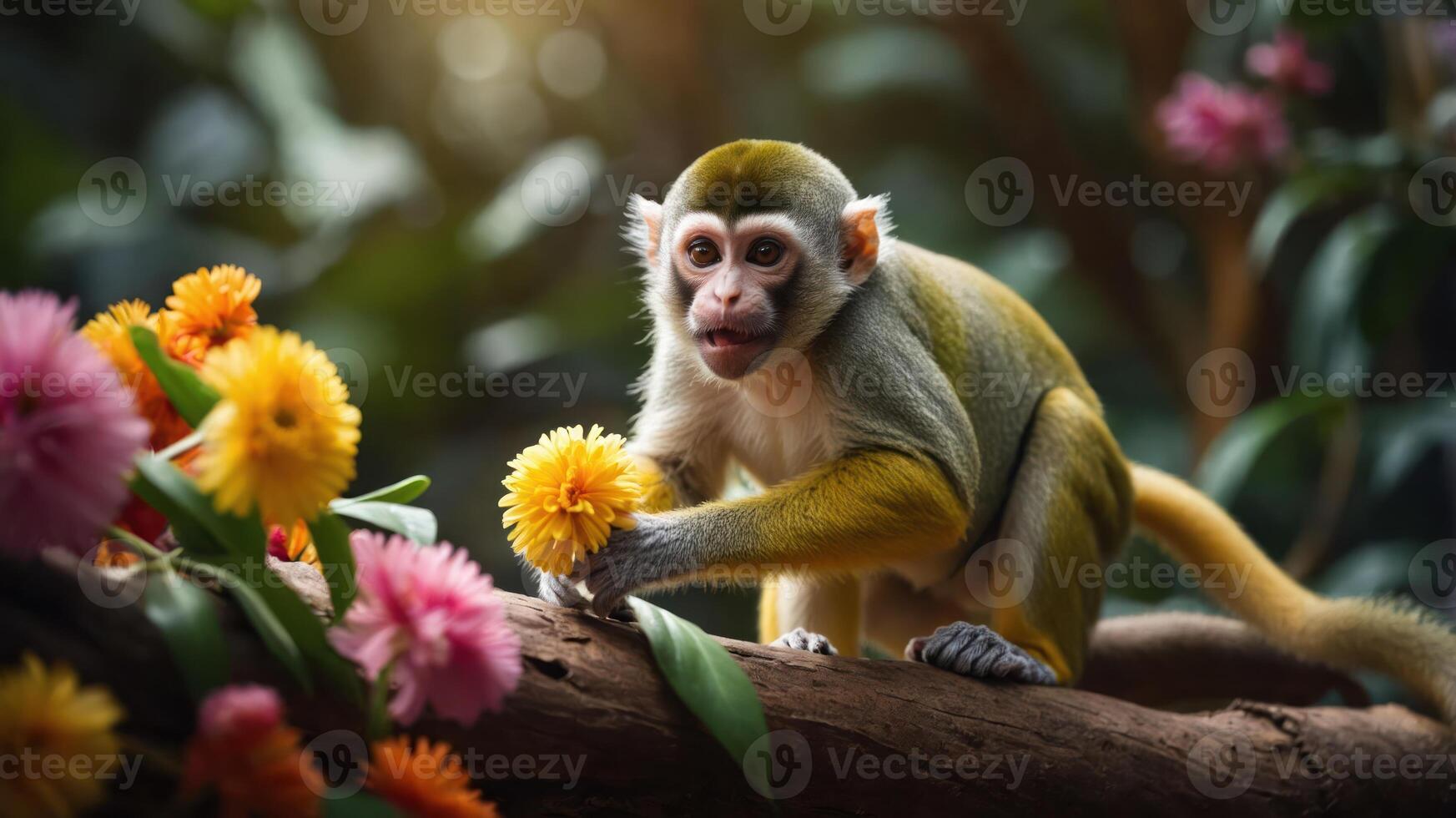 A playful monkey interacting with colorful flowers in a lush environment. photo