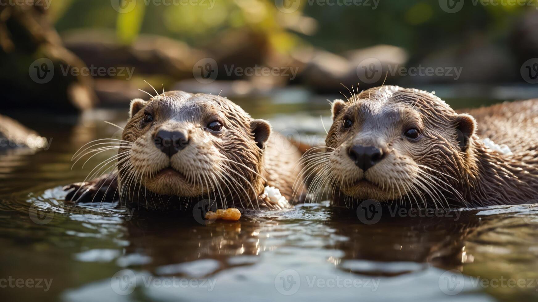 Two otters swimming in a serene environment, showcasing their playful nature. photo