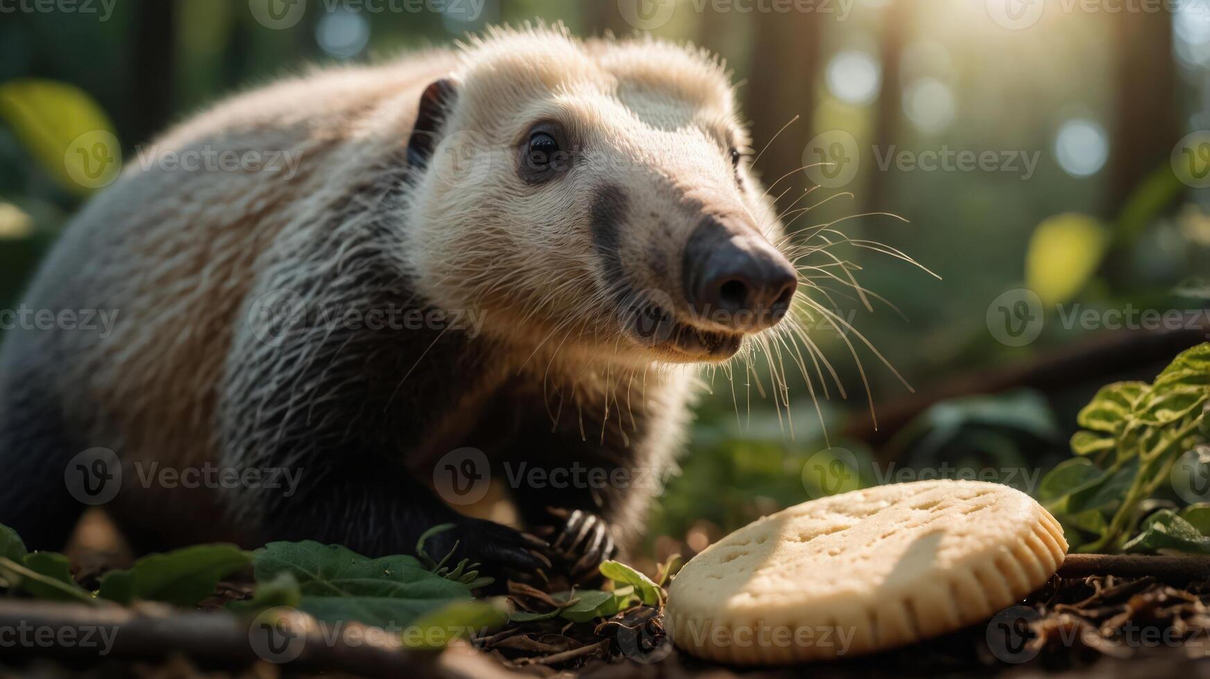 A close-up of a small animal near a cookie in a forest setting. photo