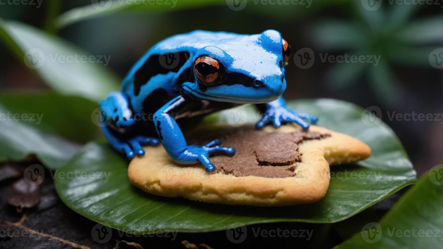 A vibrant blue frog perched on a cookie atop a leaf in a lush environment. photo
