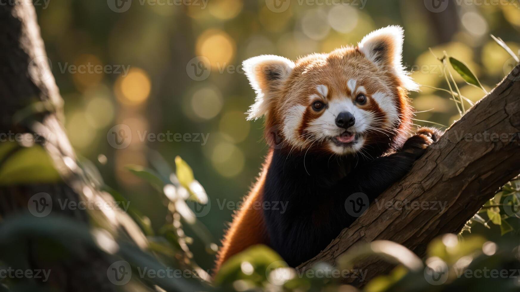 A playful red panda perched on a tree branch, surrounded by greenery and soft sunlight. photo