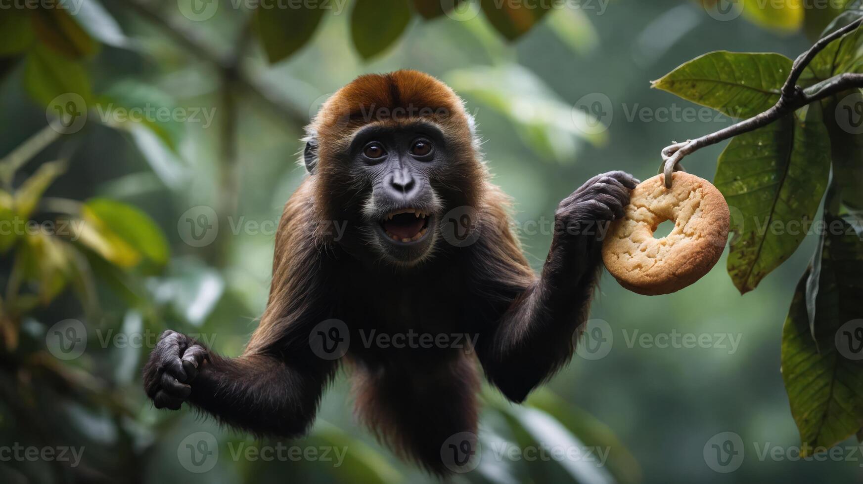 A monkey hanging from a branch, excitedly reaching for a cookie. photo