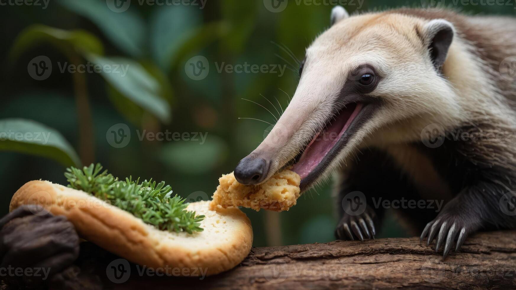 An anteater enjoying a piece of bread with greenery on a log in a natural setting. photo